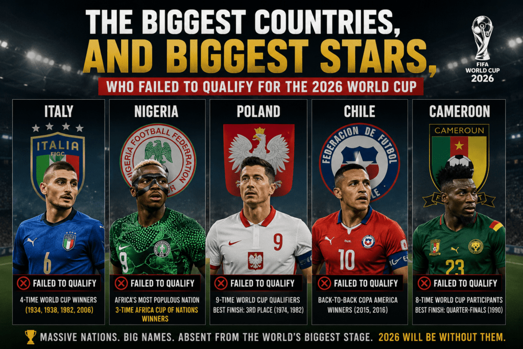 The Biggest Nations Missing From the 2026 FIFA World Cup: Italy, Nigeria, Poland, Chile and Cameroon 1 The Biggest Nations Missing From the 2026 FIFA World Cup Italy Nigeria Poland Chile and Cameroon